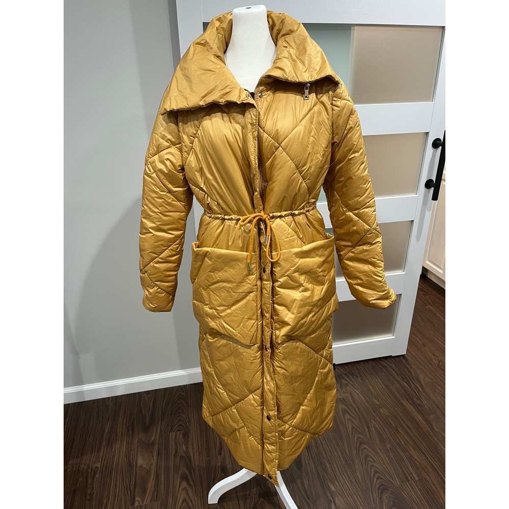 Mustard Yellow Quilted Longline Puffer Coat with Oversized Collar Size S - Picture 7 of 12